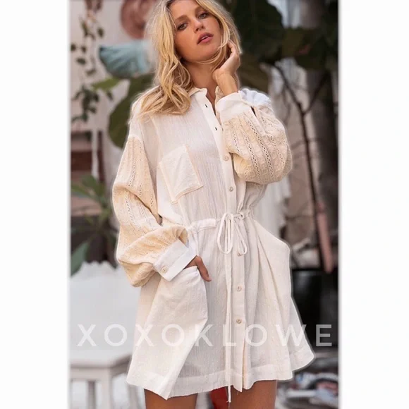 white christmas dresses Cream Eyelash Lace Overlay Mock Neck Mini Dress main image 1